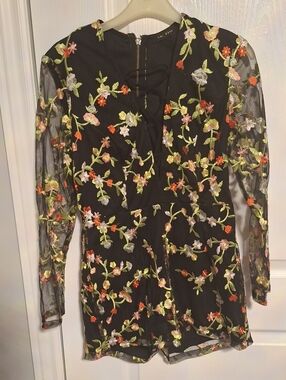 Floral Embroidered Black Mesh Long-Sleeve Romper